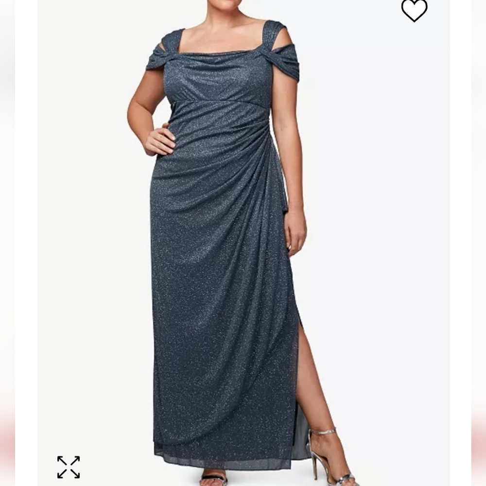 Alex Evenings Cold Shoulder Glitter Mesh Dress w/Draped Skirt,Cowl Neckline 16P